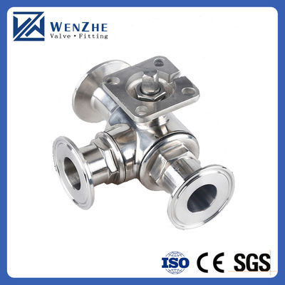 Manual sanitário de aço inoxidável 304/316L Tri-clamp válvula de esferas de 3 vias com almofada de montagem alta