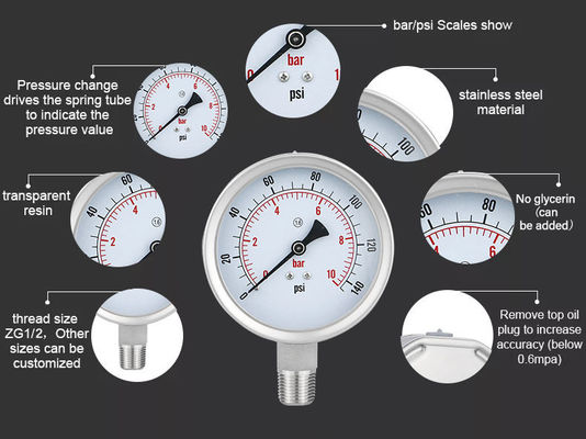 Conexão de fio WZ 100mm 304SS Medidor de pressão de aço inoxidável Código de cabeça cilíndrica